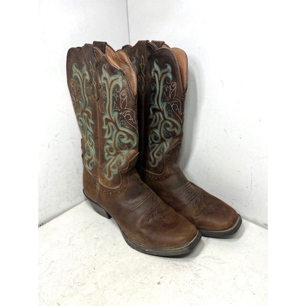 Justin Brown Leather Western Cowboy Boots Teal Embroidery Square Toe 9B